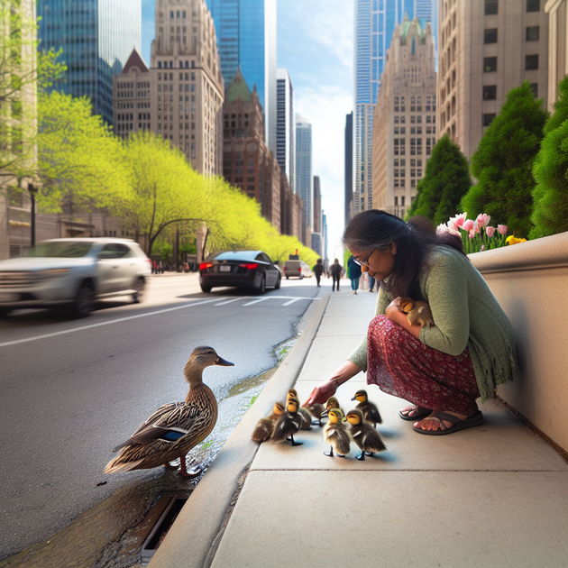 This Woman Helps a Scolding Duck Mother at an Insurmountable Road Curb
